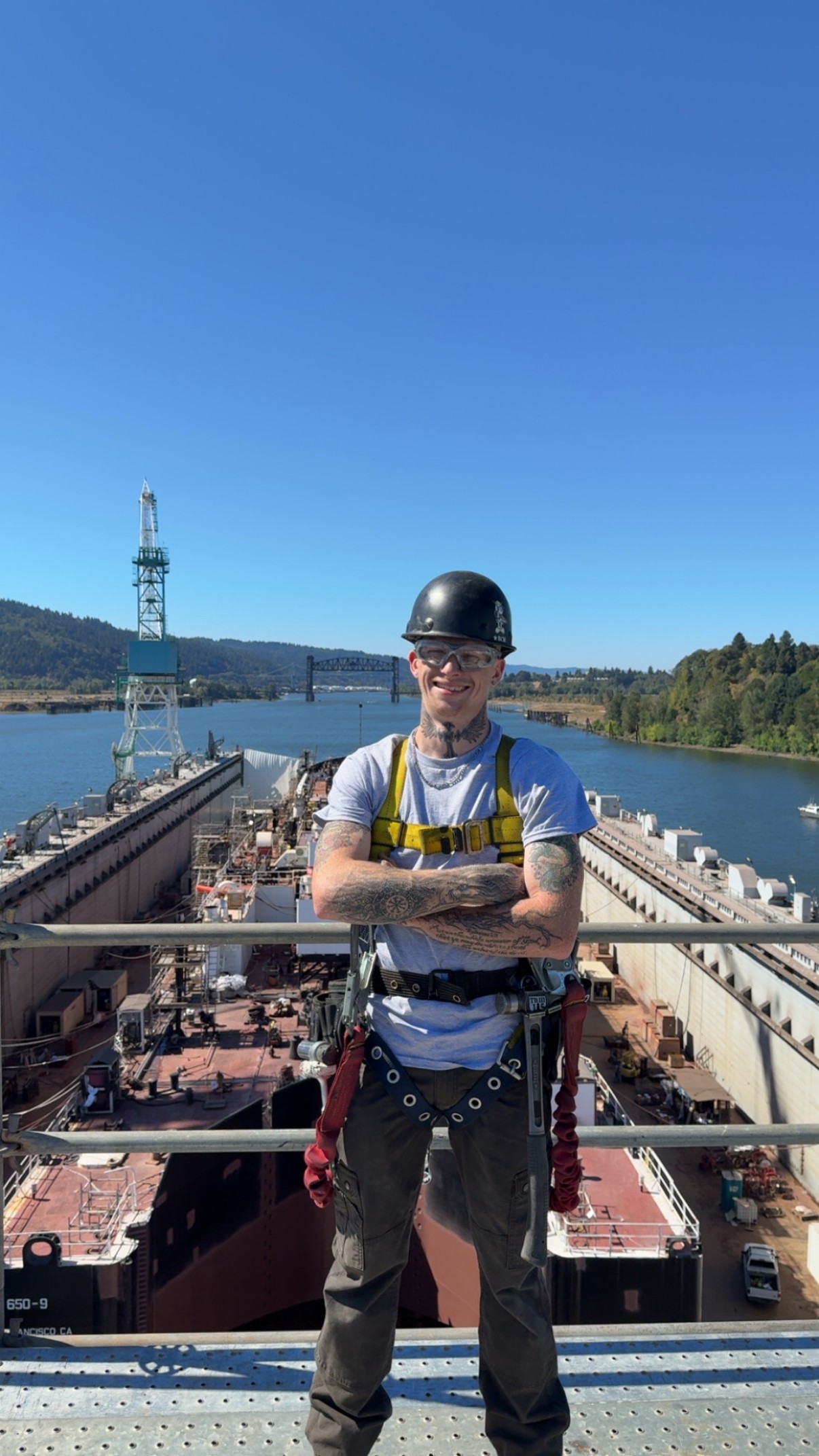 Gunner Skolrud, owner of I-5 Cleaning, on the job as a journeyman scaffold carpenter at the Longview shipyard